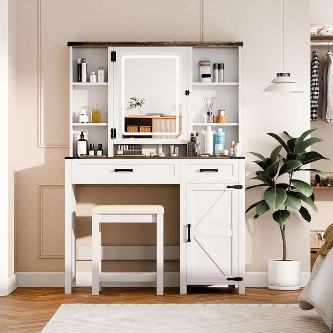 Makeup Vanity, Farmhouse Vanity with Mirror & Generous Clear Glass Countertop, 40'' Intelligent Makeup Desk with Multi-Functional Charging Station & Human Body Sensing LED Lights, White