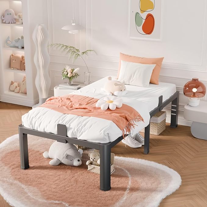 18 Inch Twin XL Bed Frame with Rounded Corner and Headboard Hole Mattress Retainers 3500 lbs Heavy Duty Support Metal Platform Bed Frame Noise Free No Box Spring Needed Easy Assembly