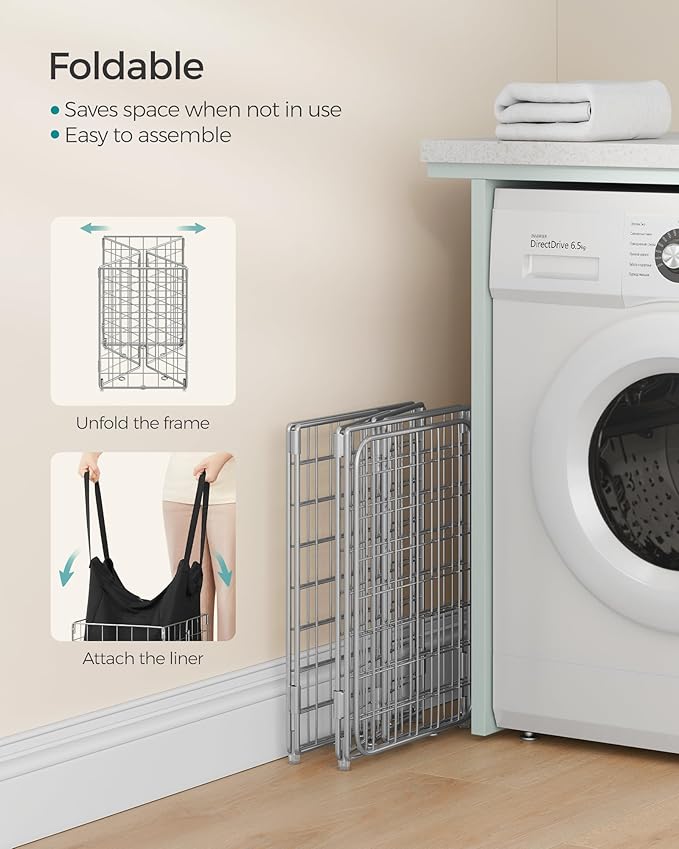 SONGMICS Laundry Hamper, 11 Gal. (50L) Laundry Basket, Collapsible Clothes Hamper, Removable and Washable Liner, Metal Wire Frame, for Bedroom Bathroom, Silver and Classic Black ULCB150B01