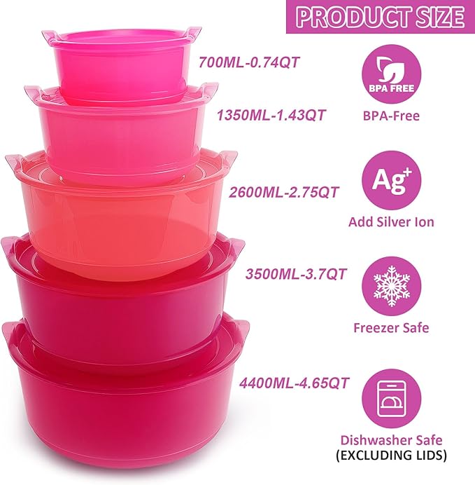 Large Plastic Mixing Bowls with Lids Set, 5PCS Stylish Ombre Pink Nesting Salad Bowls with Airtight Lids, BPA-Free Kitchen Bowls, Size 4.65, 3.7, 2.75, 1.43, 0.74QT, Great for Mixing & Serving