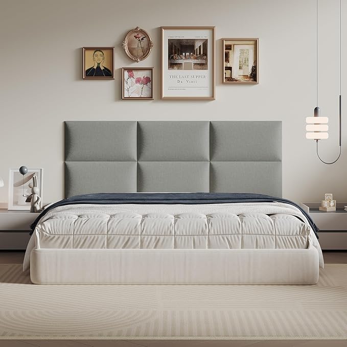 Classic Gray Linen-Upholstered Headboard 24x12 Inch 12-Panel Set - Modular Wall-Mounted or Freestanding Design for Queen/King Beds, Premium Linen Fabric