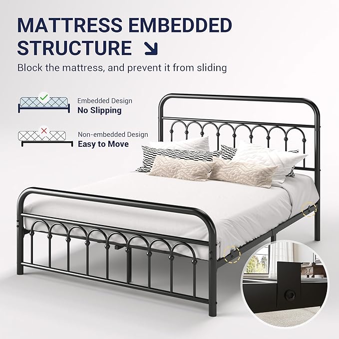 Allewie 14 Inches Full Size Metal Platform Bed Frame with Victorian Style Curved Iron-Art Headboard/Footboard, Metal Slats Support, Easy Assembly, Under Bed Storage, No Box Spring Required, Black