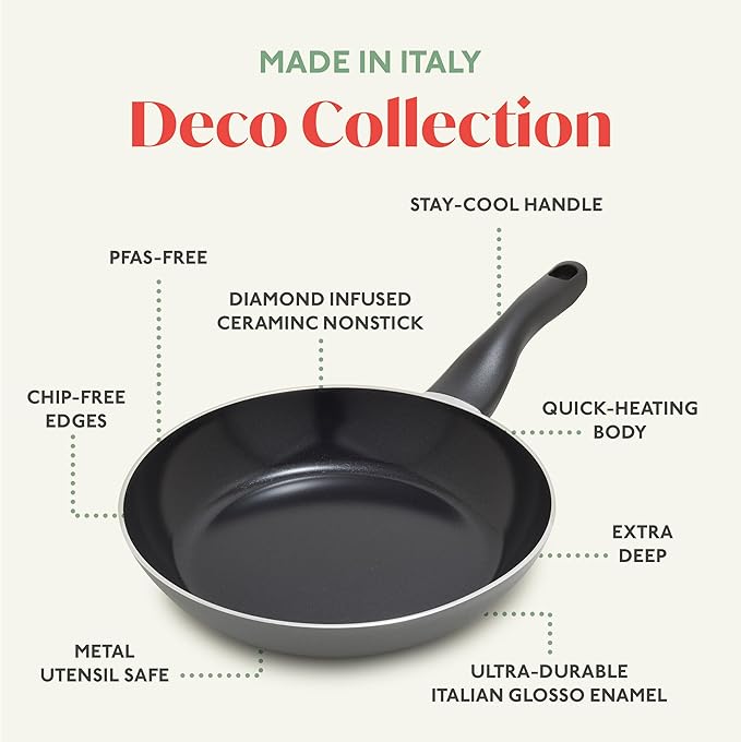 Deco 11” Nonstick Frying Pan Skillet, Made in Italy, Diamond Ceramic PFAS-Free, Dishwasher & Metal Utensil Safe, Durable Gloss Enamel Finish, Stay-Cool Handle, High Walls-Extra Room, Gray