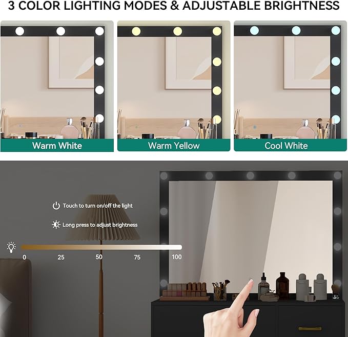 YITAHOME Vanity Desk Set with Lighted Mirror, Makeup Vanity with Power Outlets & Storage Drawers, Vanity Set with Stool