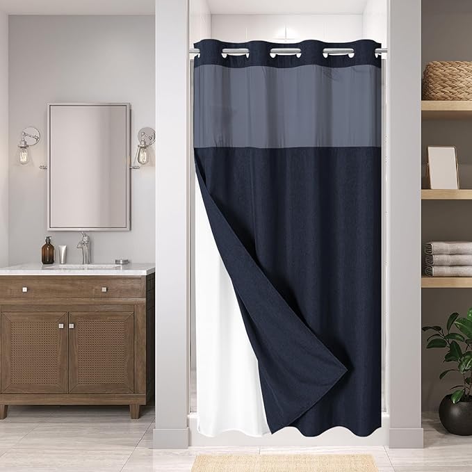 Stall No Hooks Needed Linen Textured Shower Curtain with Snap-in Fabric Liner Set,Hotel Luxury Decor Farmhouse Shower Curtains for Bathroom,Waterproof & Washable,54Wx80H,Navy Blue