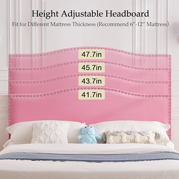 VECELO Full Bed Frame, Platform Bed Frame with Adjustable Height Upholstered Headboard, Heavy-Duty Frame and Strong Wooden Slats Support, Non-Slip and Noise-Free, Easy Assembly, Pink