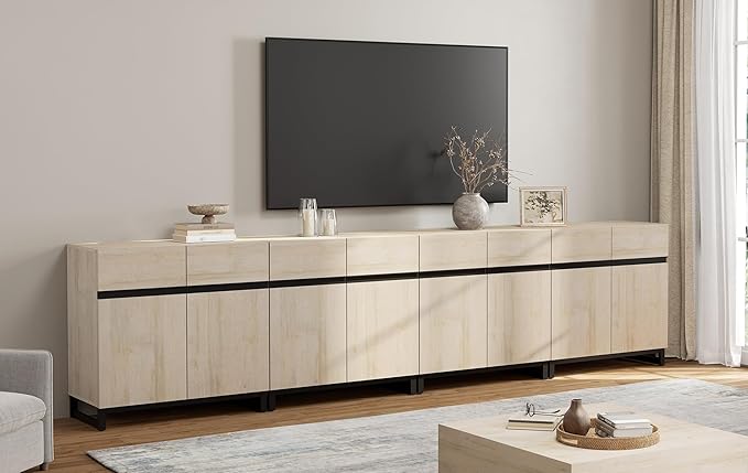 WAMPAT Modern TV Stand for TVs up to 120 inch, 4 in 1 Wood Entertainment Center TV Console Table with Adjustable Shelves and Metal Base for Living Room,Bedroom,Light Oak