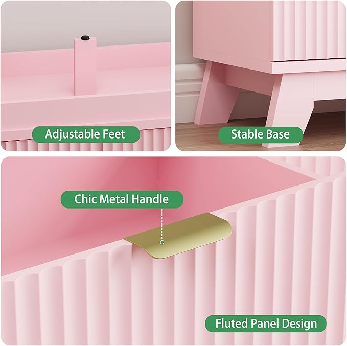Fluted Dresser for Bedroom with 6 Drawers, 48" Wide Modern Chest of Drawers with Metal Handle, Wooden Dresser TV Stand, Wood Closet Clothes Storage Drawer Organizer for Living Room, Hallway, Pink