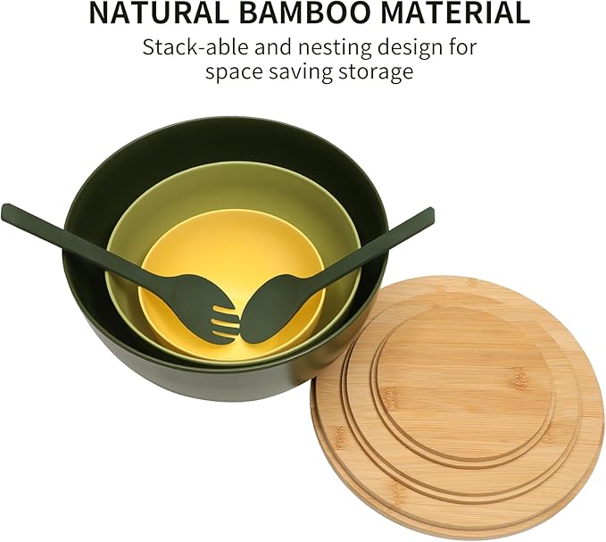 Salad Bowls Set of 3 with Lid & Serving Utensils, Colorful Serving Bowls, Bamboo Fiber Salad Bowls with Bamboo Lid, Kitchen Bowls for Salad, Kitchen Eating, Pasta, Popcorn, Fruit (3 Colors)