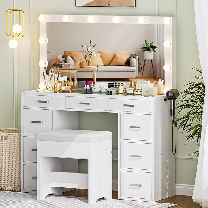 Likein Vanity Desk with Mirror and Lights, 47‘’ Glass Top Vanity with Power Strip, 9 Drawers Makeup Vanity with Lighted Mirror and Chair, 3 Lighting Modes Adjustable Brightness