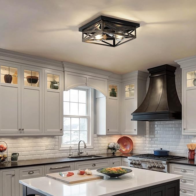2Pack Rustic Flush Mount Ceiling Light Fixture, Modern Farmhouse Light Fixture, Kitchen Hallway Light Fixtures for Bedroom,Dining Room Entryway,Industrial Metal Cage Ceiling Light