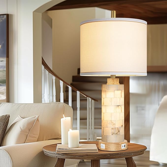 27" Natural Alabaster And Wood Table Lamp Set of 2 With Night Light Nightstand Lamps With USB Ports White Linen Fabric Shade Bedside Lamp Decor For Living Room Bedroom Home Office Hotel Bar House