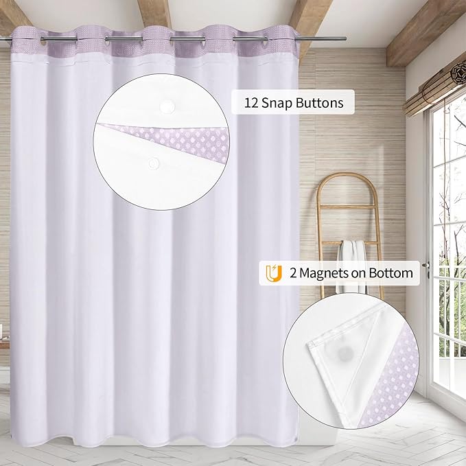 MitoVilla No Hooks Needed Purple Waffle Shower Curtain with Snap-in Liner, Modern Waffle Weave Heavy Duty Fabric Cloth Shower Curtain for Luxury Neutral Hotel Spa Bathroom Decor, 72 x 74, Lavender