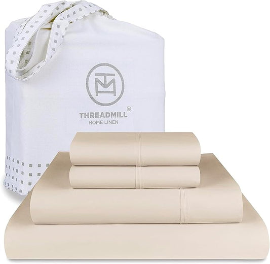 Threadmill Luxury 800 Thread Count Queen 100% Cotton Sheets - Light Beige Sateen Weave Bed-Sheets, Better Than Egyptian Cotton,4 Pc Solid Soft Bedding Set, Fits 16" Deep Pocket