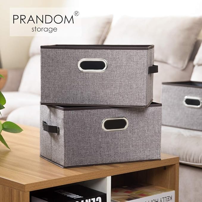 PRANDOM Large Foldable Storage Bins for Shelves [3-pack] Decorative Linen Fabric Storage Baskets Cubes with Leather/Metal Handles for Closet Nursery Office Grey and Black Trim (14.9x9.8x8.3 Inch)