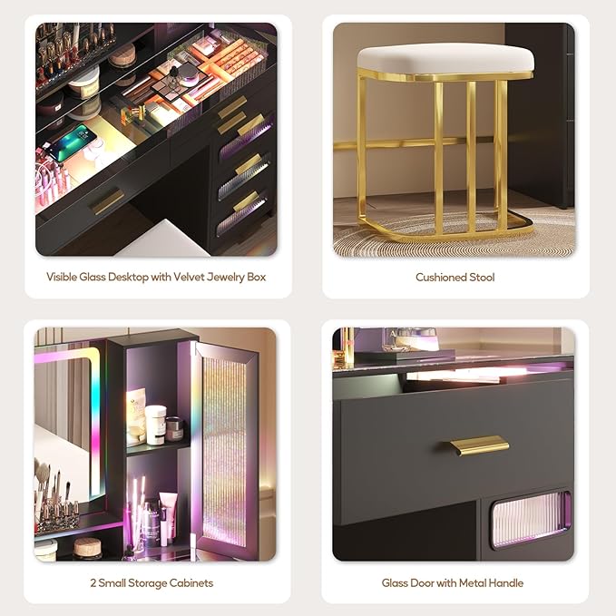 RGB Vanity Desk with Mirror and Lights, Glass Top Makeup Vanity with 6 Drawers & Wireless Charging,Vanity Table Set with RGB Cabinet Light and Jewelry Box, for Girls Bedroom,Black