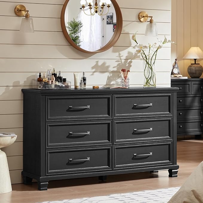 Farmhouse 6 Drawer Dresser for Bedroom, 54 inch Wide Rustic Vintage Chest of Drawers with Square Solid Wood Legs, Large TV Stand for Living Room, Wooden Storage Dressers for Hallway, Black