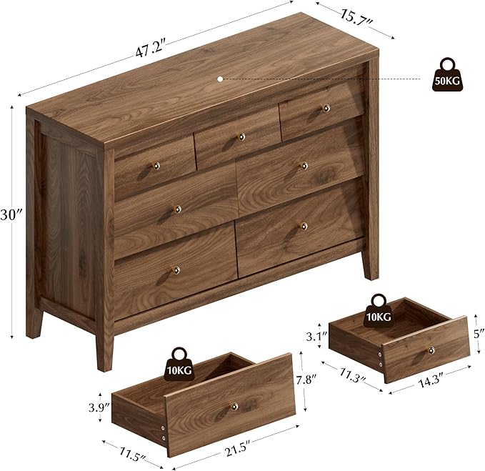 7 Drawers Dresser with Beveled Panel, Farmhouse Chest of Dressers for Bedroom, Wood Dresser TV Stand, Drawer Organizer for Bedroom, Living Room, Hallway, Walnut