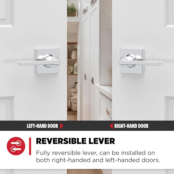 Kwikset Casey Dummy Door Handle, Single Sided Lever for Closets, French Double Doors, and Pantry, Polished Chrome Non-Turning Reversible Interior Push/Pull Lever (Pack of 4)