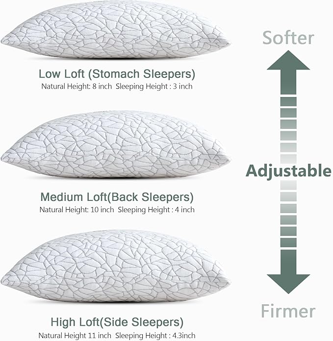 BPC Rayon Derived from Bamboo Pillows Queen Size - Adjustable Shredded Memory Foam Pillow with Removable Cover Firm Pillow for Side Stomach and Back Sleepers, CertiPUR-US