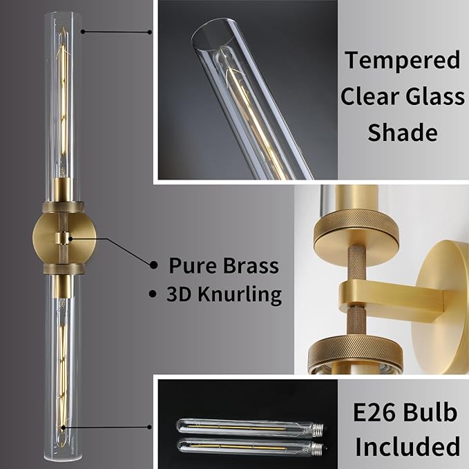 30" Bathroom Wall Sconce, Brass Wall Sconces Hardwired, Gold Wall Sconce Dimmable, Knurled Linear Sconces Wall Lighting with Glass Tube, Vanity Light for Bathroom, Living Room, Bedroom