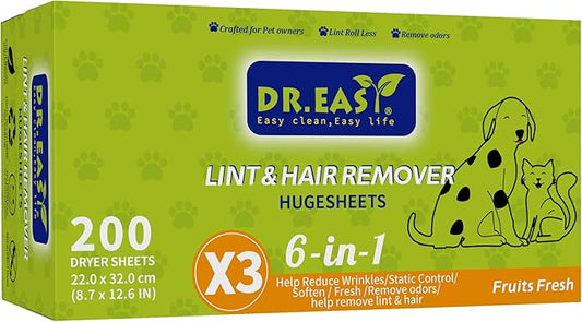 Dr.Easy LINT & HAIR REMOVER Pet HUGESHEETS with 3X ODOR REMOVE Dryer Sheets, Fruits Fresh, 200 Count,PLANT&MINERAL-BASED FORMULA