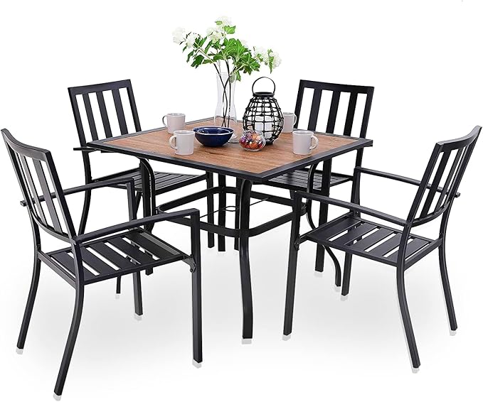PHI VILLA 5 Piece Outdoor Dining Set for 4, 37” Metal Steel Dining Table with Wood-Like Tabletop & Stacking Wrought Iron Chairs for Patio, Deck, Yard
