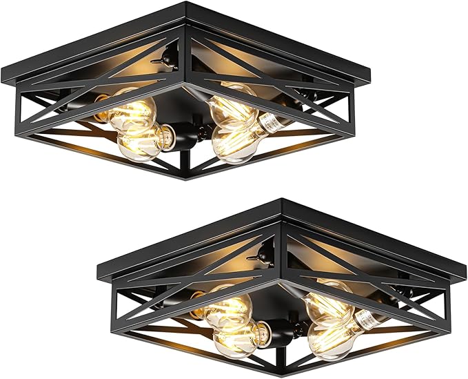 2 Pack Flush Mount Ceiling Light Fixture, Black Hallway Light, Metal Cage Closed to Ceiling Mounted Lights, 4-light Farmhouse Flush Mount Light Fixture for Bedroom Hallway Entryway E26 Base 13in