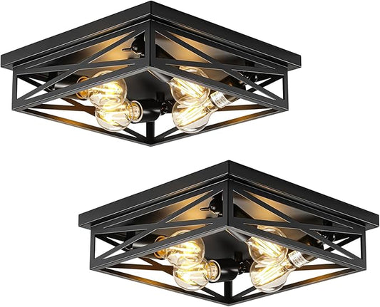 2 Pack Flush Mount Ceiling Light Fixture, Black Hallway Light, Metal Cage Closed to Ceiling Mounted Lights, 4-light Farmhouse Flush Mount Light Fixture for Bedroom Hallway Entryway E26 Base 13in