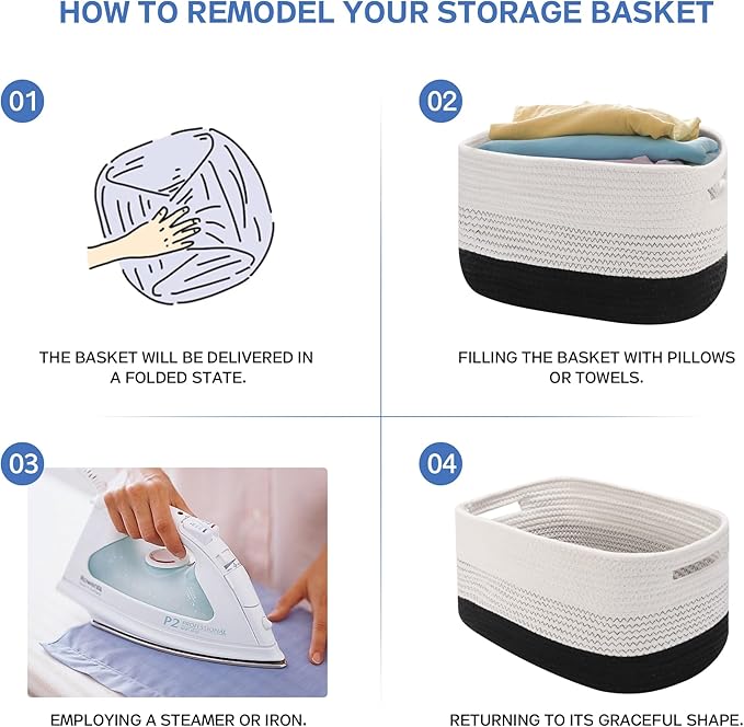 4 Pack Woven Storage Baskets for Organizing - Cotton Rope Baskets for Closet, Toys, Books, Towels, Durable Storage Bins for Shelves, Living Room, Bedroom, 14.76''Lx9.84''Wx8.86''H (Black, 13")