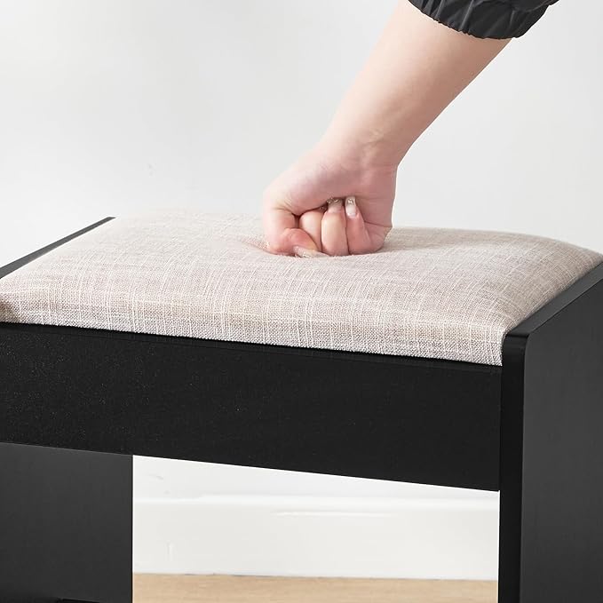 Vanity Desk with Mirror & Lights, Makeup Vanity with 6 Drawers, 6 Open Shelves and Power Outlet, 48” Storage Makeup Vanity Desk with Stool Bench for Women, Girls, Bedroom, Black