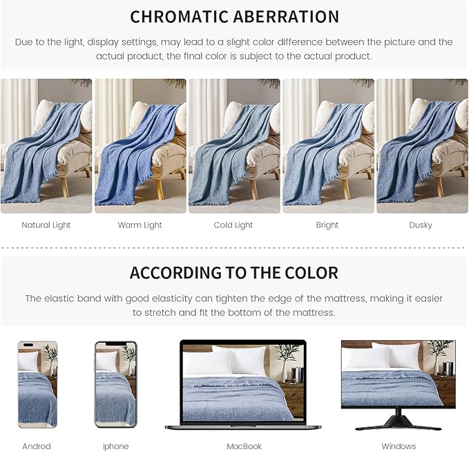 BOURINA Faux Cashmere Fringe Throw Blanket Decorative Lightweight Throw Soft Cozy for Bed or Sofa Outdoor Blanket, 50" x 70" Blue