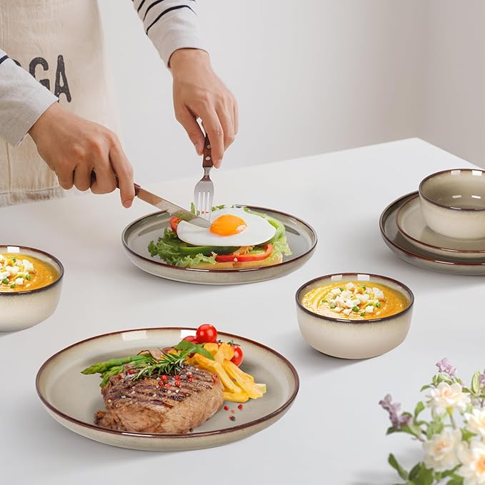 Romswi Dinnerware Set for 4, 16Pcs Stoneware Plates and Bowls Sets with Mugs, Chip & Scratch Resistant Dish Set, Handmade Reactive Glaze Plate Sets, Oven & Microwave and Dishwasher Safe,Wheat Green