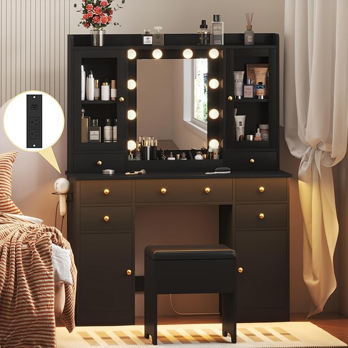 Vanity Desk with Mirror and Lights, Black Vanity Mirror with Lights Desk and Chair & Charging Station, Makeup Vanity with Lighted Mirror for Women Bedroom 3 Color Modes Adjustable