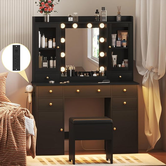 Vanity Desk with Mirror and Lights, Black Vanity Mirror with Lights Desk and Chair & Charging Station, Makeup Vanity with Lighted Mirror for Women Bedroom 3 Color Modes Adjustable
