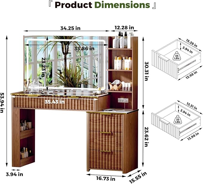 Modern Vanity Desk with Mirror and Lights, 49.2'' Fluted Makeup Vanity Desk with 5 Drawers and Shelves,Dressing Table with Glass Top and Power Outlet for Bedroom,Walnut