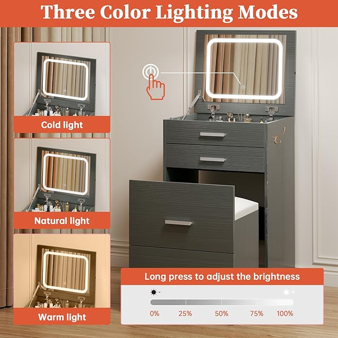 Compact Vanity with 3 Drawers, 3 in 1 Vanity Desk, Makeup Desk with Flip-up 3 Colors Lighting Mirror and Cushioned Stool, Small Vanities Nightstand Perfect for Bedroom, Gray