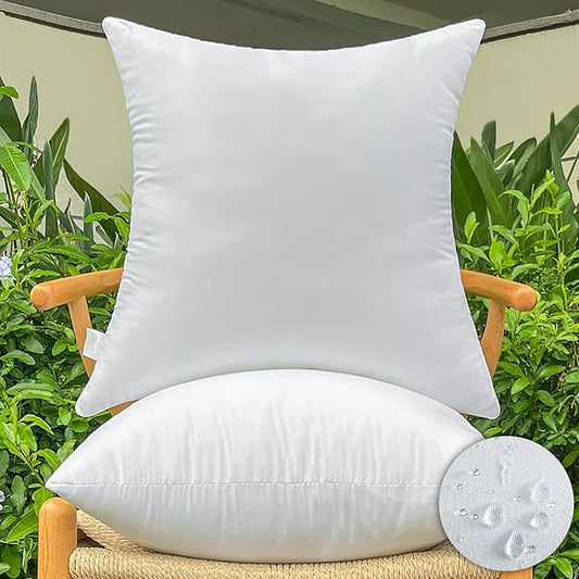 16x16 Inch Outdoor Throw Pillow Inserts, Pack of 2 - Premium Water-Resistant Decorative Pillows Stuffer for Patio Furniture,Sofas,Chairs &Porch Swing - White