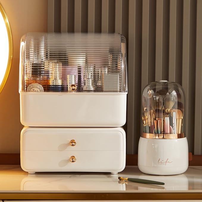 Large Makeup Organizer with Brush Holder, Makeup and Skincare Organizer for Vanity, Cosmetics Skincare Organizers with Lid and Drawers for Countertop, Bathroom, Dresser, Ideal Gifts for Women