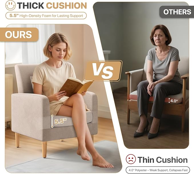 Magshion Mid-Century Accent Chair for Living Room, Comfy Reading Chair for Bedroom, Upholstered Linen Fabric Armchair Single Sofa with Back Pillow & Wood Legs, 300 lbs Capacity, Beige