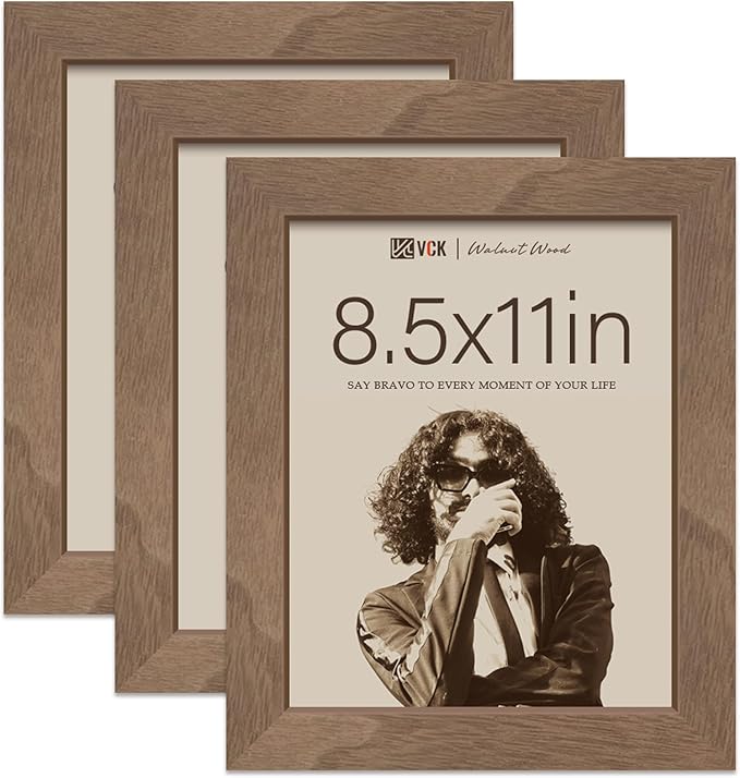 VCK 8.5x11 Brown Walunt Picture Frames 3 Pack, High-End Wood Wide Border Poster Frame,Tabletop & Wall Hanging, Multi-Directional Display Family Photos, Office Prints, Studio/Gallery/Home
