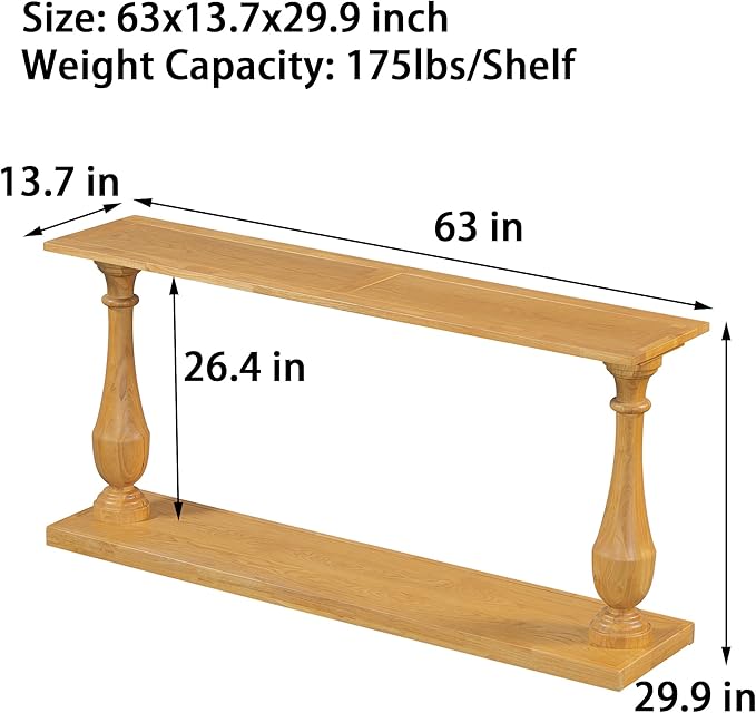 63 Inch Console Table with 2 Vase-Leg, Vintage Wood Grain Sofa Table Behind Couch, Narrow Entryway Accent Table for Living Room, Entrance, Hallway, Foyer, Bedroom, Apartments, Natural