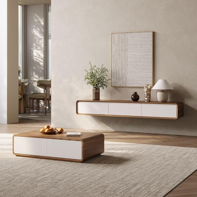 POVISON Fully-Assembled Minimalist Floating TV Stand, Modern Wall-Mounted Entertainment Center with 3 Flip-Down Cabinet Doors, Solid Wood Media Console, Walnut & Black, 70.87"