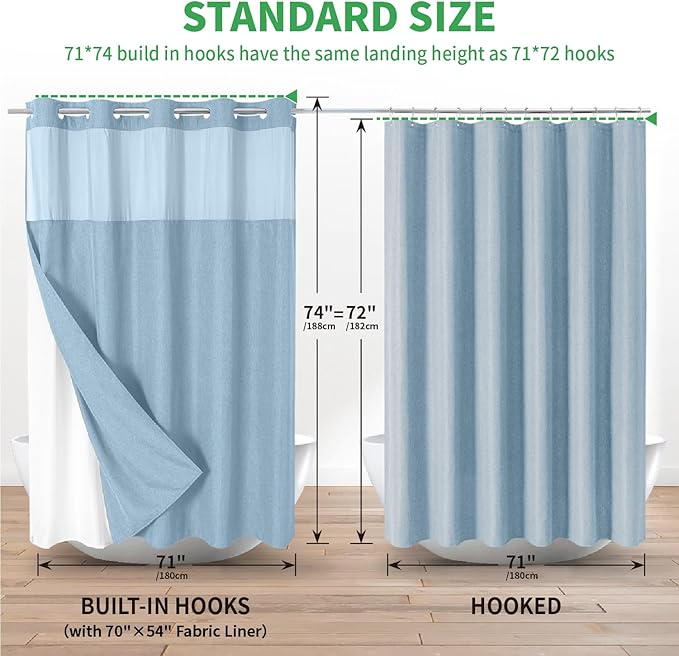 No Hooks Needed Linen Textured Shower Curtain with Snap-in Fabric Liner Set,Hotel Luxury Decor Waterproof Shower Curtains for Bathroom with Mesh Top Window,Washable,71Wx74H,Fog Blue
