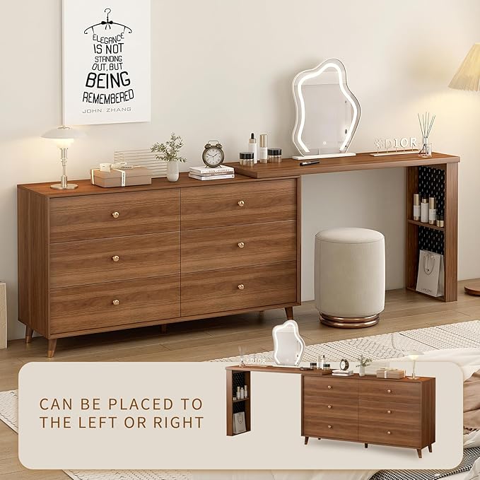 Makeup Vanity Set with Cloud-Pattern HD Lighted Mirror and Stool, 50-94in Extendable Mid-Century Modern Vanity Table, 6-Drawer Solid Wood Frame Storage Cabinet, Bedroom Dressing Table, Brown