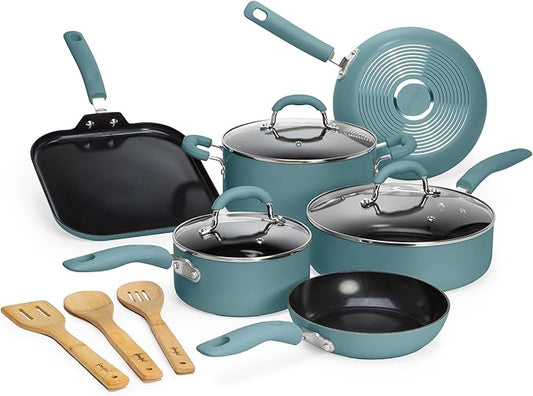 Goodful Ceramic Nonstick Pots and Pans Set, Premium Ceramic Coating Made without PFOA, PTFE or PFAS, Dishwasher Safe, 12-Piece, Turquoise