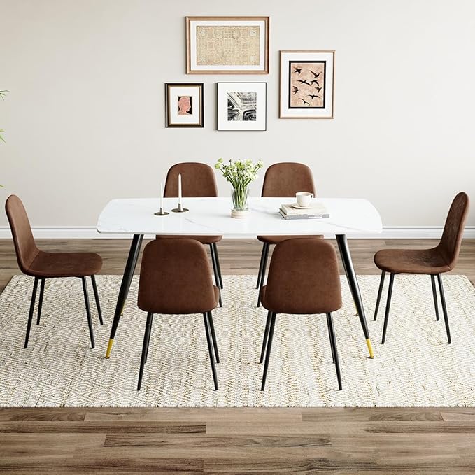 Dining Table Set for 6 with Chairs, Sintered Stone Kitchen Table Top and Modern Chairs Set of 6 for Kitchen Dining Room