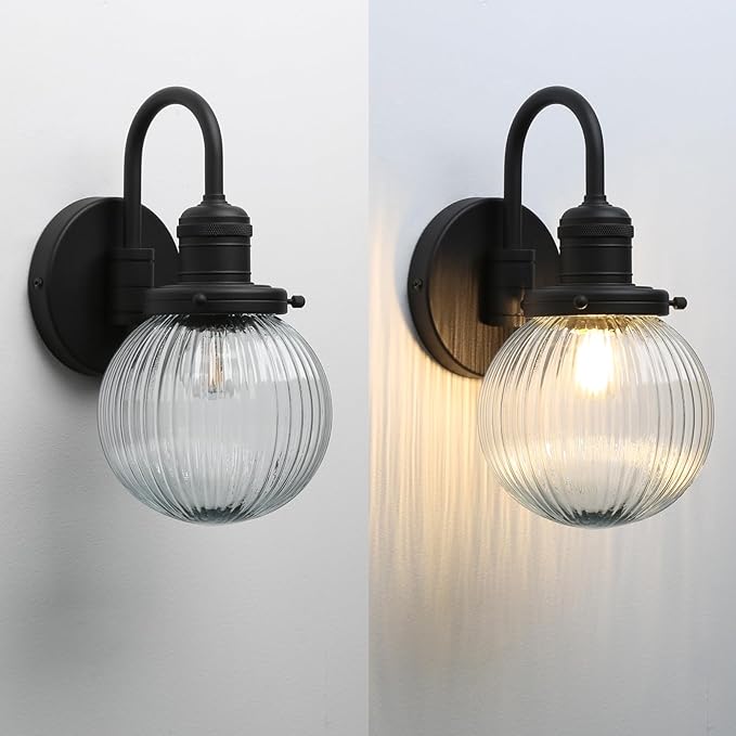 Industrial Vintage Gooseneck 1-Light Wall Sconce with 5.9" Round Ribbed Clear Glass Globe Lampshade Indoor Wall Mounted Lamp Fixture for Bedroom Living Room Bathroom Vanity