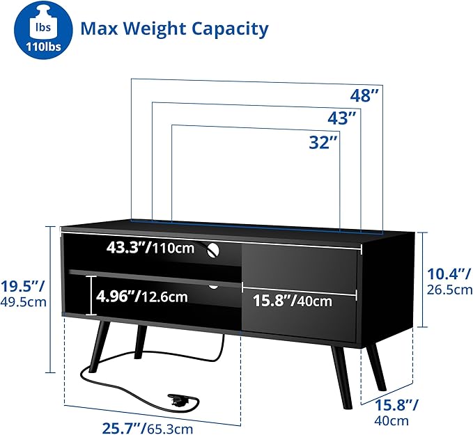 Cozy Castle TV Stand for 48 Inch TV, Mid Century Modern Entertainment Center with Storage Cabinet, TV Media Console for Living Room, Bedroom, Black