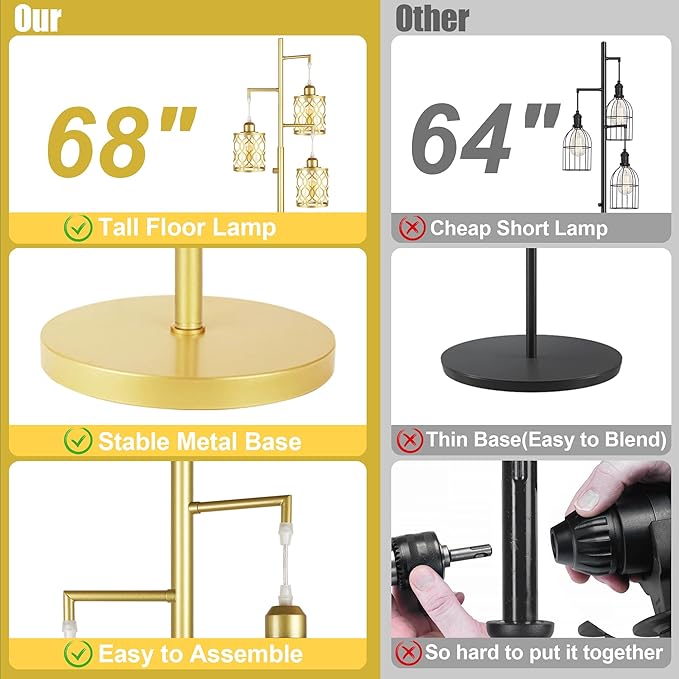 ROTTOGOON 68" Gold Floor Lamp, Dimmable Industrial Floor Lamps for Living Room, 3 Light Rustic Standing Tall Lamp Including 3 PCS 6W E26 Bulbs, Farmhouse Tree Floor Lamp for Bedrooms, Office, Bar